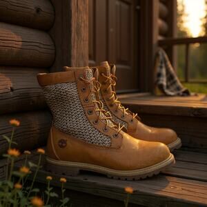 Timberland Crochet Hi Open Weave Woven Knit Tan Leather Boots Womens Size 8.5